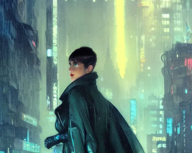 Image similar to 2 0 1 8 blade runner movie still girl look at the cityscape from roof perfect face fine realistic face pretty face reflective polymer suit tight neon puffy jacket blue futuristic sci - fi elegant by denis villeneuve tom anders zorn hans dragan bibin thoma greg rutkowski ismail inceoglu illustrated sand storm alphonse mucha