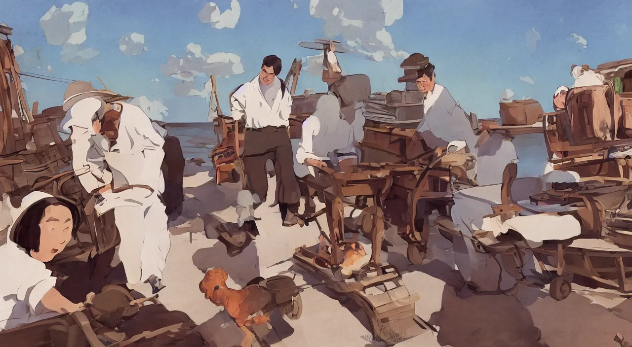 Image similar to ernest shackleton in a crisp white linen shirt and slacks, loading a cart with sausages and hams, havanese dogs running around the cart, cuba, 1 9 0 0, genndy tartakovsky, atey ghailan, goro fujita, studio ghibli, rim light, late morning lighting, clear focus, very coherent