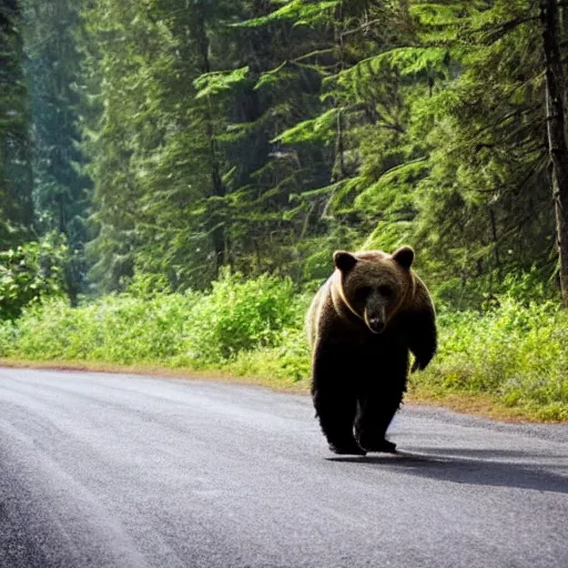 Image similar to a bear running after a person in the forest