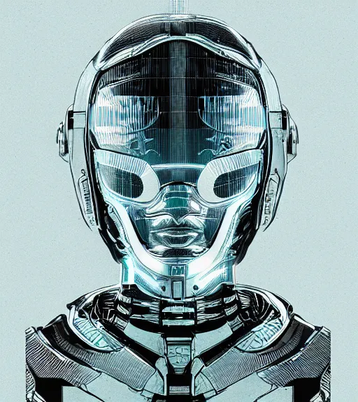 Image similar to cyborg woman with a hologram for a head, techwear, dead space, visible face, Industrial Scifi, detailed illustration, character portrait, by Martin Grip and Moebius