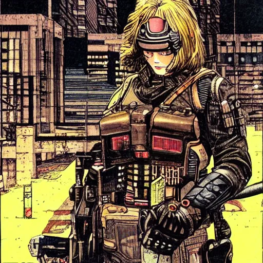 Prompt: sci - fi, dystopian bounty hunter, art by otomo