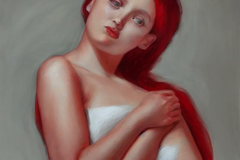Prompt: hyperrealism, red woman in white sheets, soft light, in style of classicism