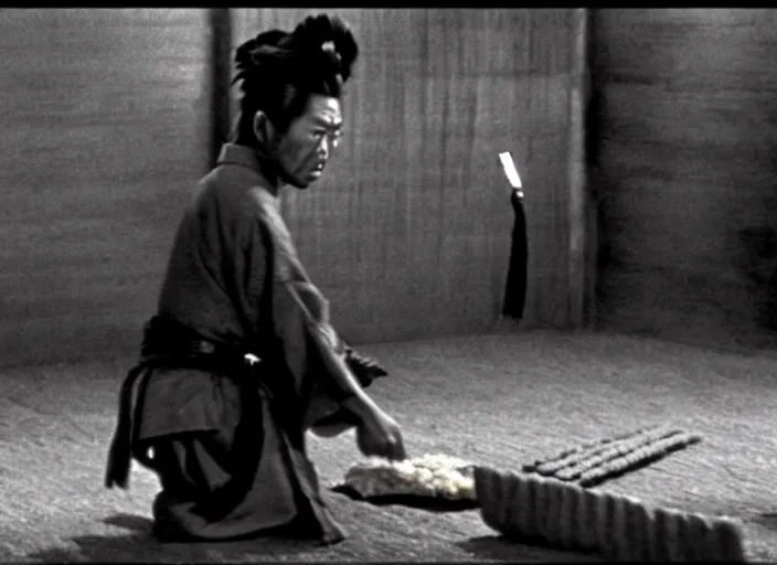 Prompt: a movie still of a samurai slicing through a loaf of bread, a movie by Akira Kurosawa