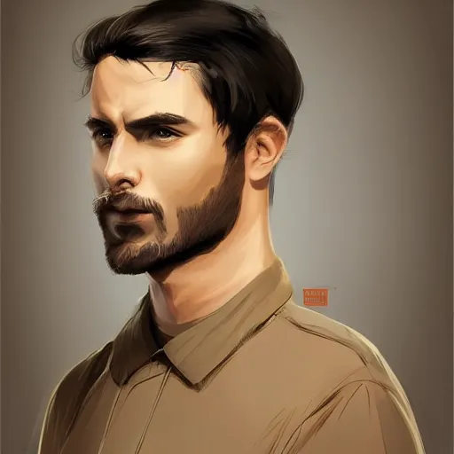 Image similar to portrait of a man by Artgerm, he is about 30 years old, short black hair with bangs, his features are a mix between French, Turkish and Russian and he is wearing a beige and black utility jumpsuit, highly detailed portrait, digital painting, artstation, concept art, smooth, sharp foccus ilustration, Artstation HQ