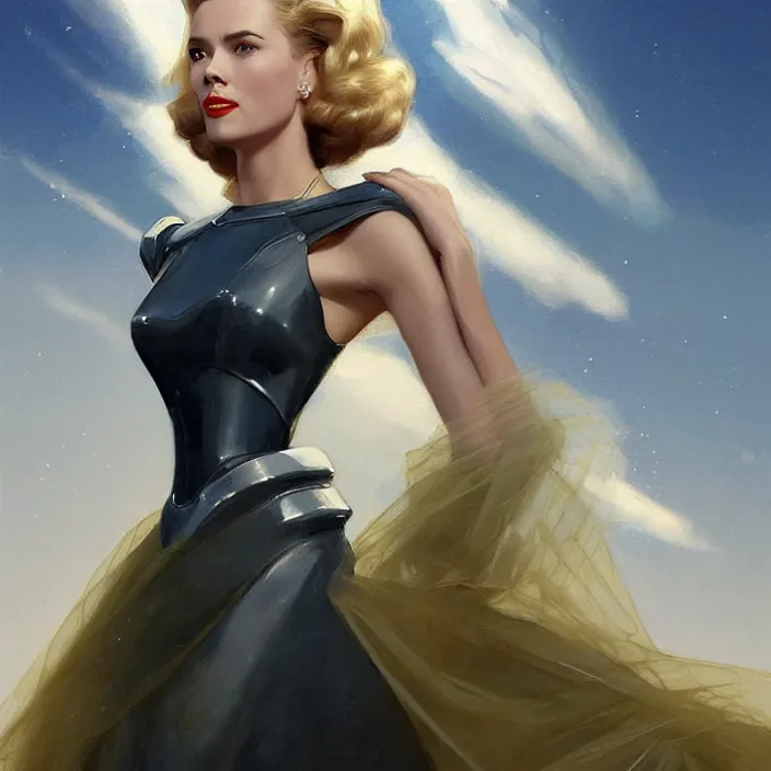 Prompt: A combination of Scarlett Johannson’s and Grace Kelly’s and Audrey Hepburn's appearance wearing Forerunner armor from Halo, countryside, calm, fantasy character portrait, dynamic pose, above view, sunny day, thunder clouds in the sky, artwork by Jeremy Lipkin and Giuseppe Dangelico Pino and Michael Garmash and Rob Rey and Greg Manchess, very coherent asymmetrical artwork, sharp edges, perfect face, simple form, 100mm