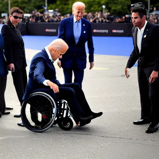 Image similar to joe biden falling off his wheelchair faceplanting on the ground, award winning photo