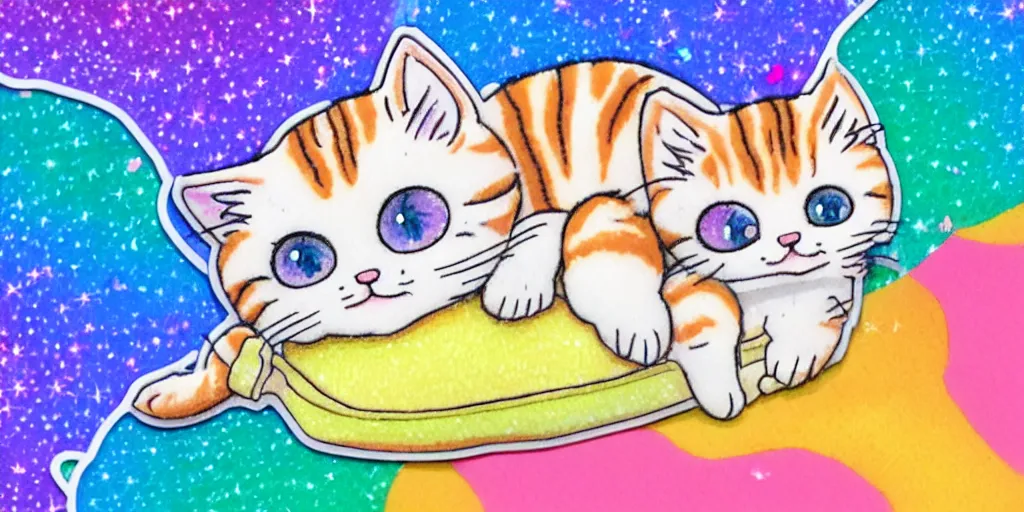 Image similar to a tiny cute kitten sleeping, puffy sticker, glitter sticker, kawaii by studio ghibli, by lisa frank 8 k pastel colours, isometric, smeared watercolours,