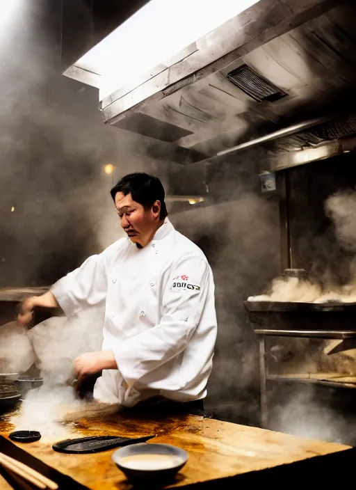 Prompt: a 2 8 mm macro photo from the back of a yakitori chef cooking in a commercial kitchen, splash art, movie still, bokeh, canon 5 0 mm, cinematic lighting, dramatic, film, photography, golden hour, depth of field, award - winning, anamorphic lens flare, 8 k, hyper detailed, 3 5 mm film grain