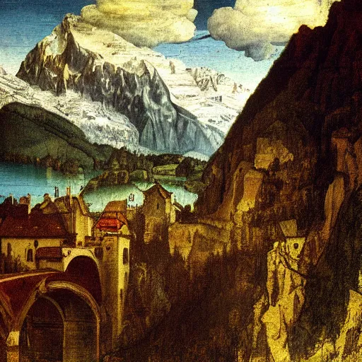 Image similar to switzerland beauty painting by leonardo da vinci