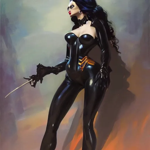 Prompt: greg manchess portrait painting of partially armored morticia from addams family as overwatch character, medium shot, asymmetrical, profile picture, organic painting, sunny day, matte painting, bold shapes, hard edges, street art, trending on artstation, by huang guangjian and gil elvgren and greg rutkowski