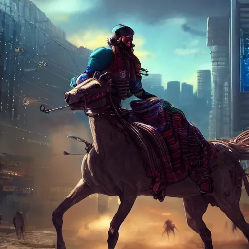 Prompt: nomad riding a horse with computer attached cyberpunk trending on artstation 8k