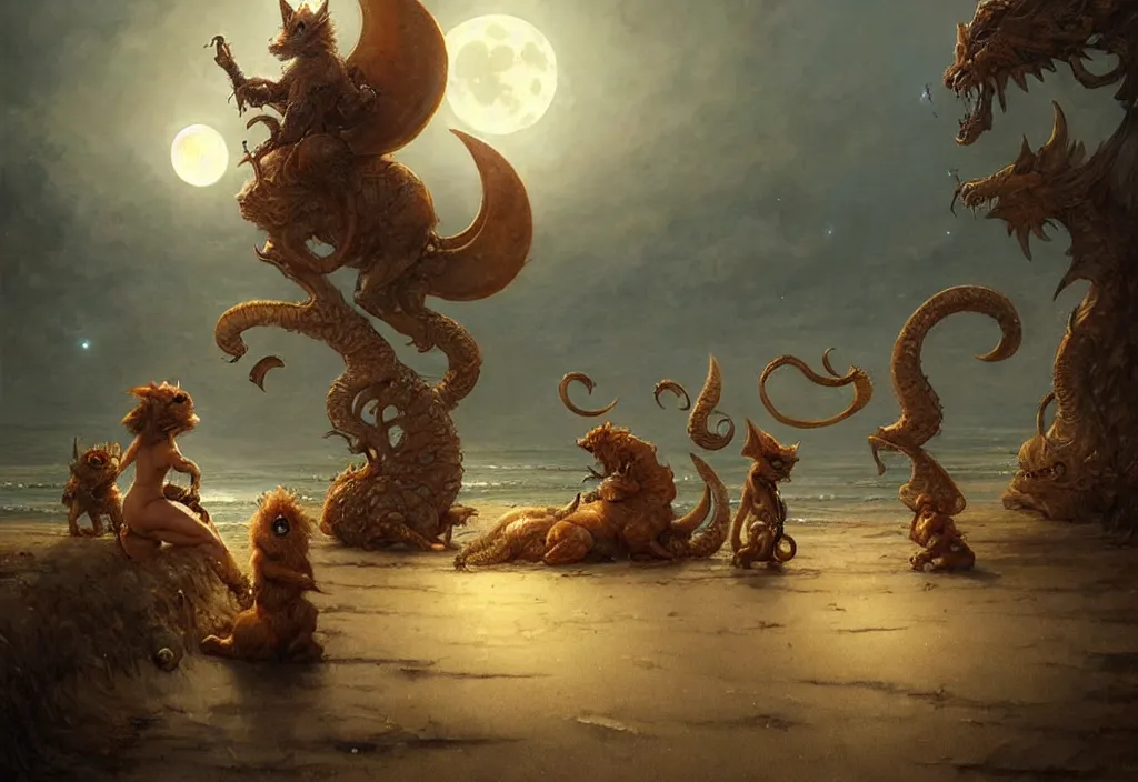 Image similar to cute fantasy critters at the beach looking at the moon, ultra realistic, concept art, intricate details, highly detailed by greg rutkowski, gaston bussiere, craig mullins, simon bisley