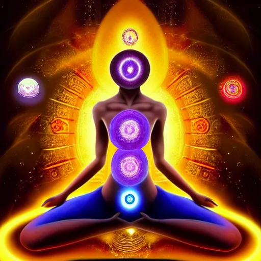 Prompt: the chakras awakened, a god, god, ecstatic, infinite power, manic, perfect eyes, full body shot, magical being, magic, portrait, noble, transformation, vivid colors, elegant, concept art, sharp focus, digital art, Hyper-realistic, 4K, Unreal Engine, Highly Detailed, HD, Dramatic Lighting by Brom, trending on Artstation