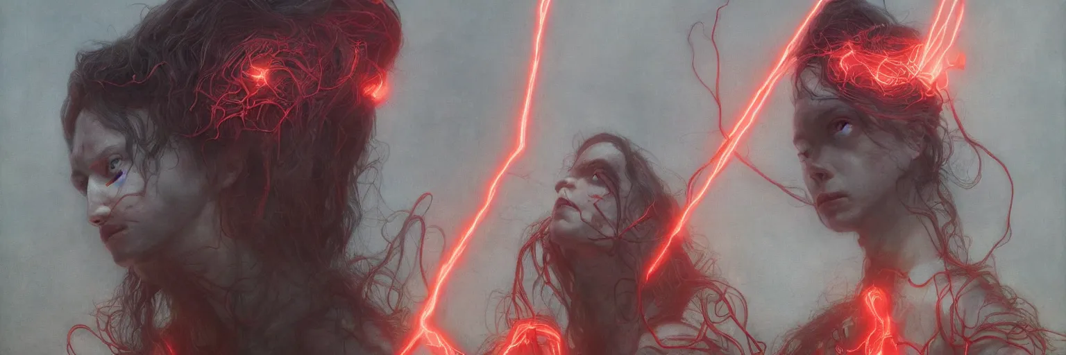 Image similar to Portrait Masterpiece, Wanda Maximoff, furious, red, glowing, wires everywhere, by Edgar Maxence and Ross Tran, Zdzisław Beksiński, and Michael Whelan, distant, gustav dore, H.R. Giger, 8k, octane render