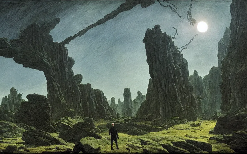 Prompt: complex alien technology that can create a portal, used to travel to different dimensions by caspar david friedrich
