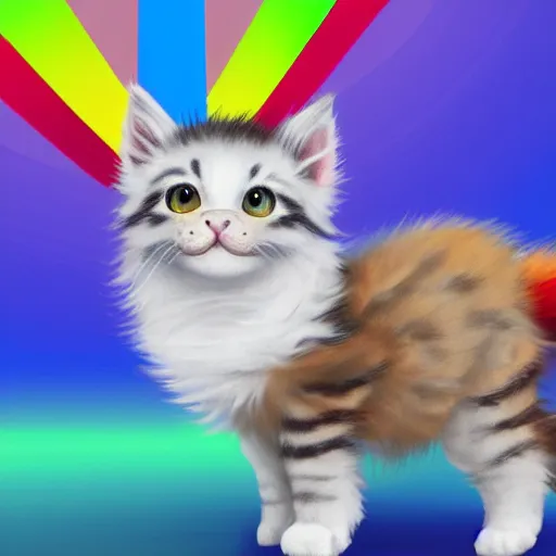 Image similar to wide angle full body, of a fluffy cute rainbow kitten wearing a black motorcycle jacket, concept art