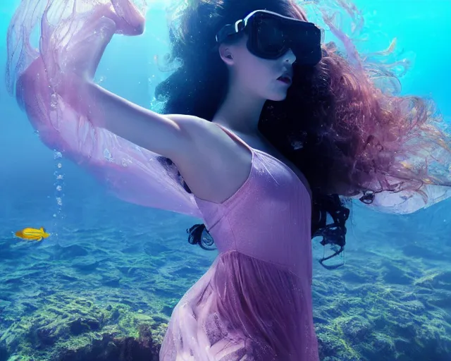 Prompt: beautiful female portrait, full body, diver in long flowy dress, underwater, cinematic volumetric lighting, soft bokeh, glow, 8 k, by wlop, by ross tran, fashion photography