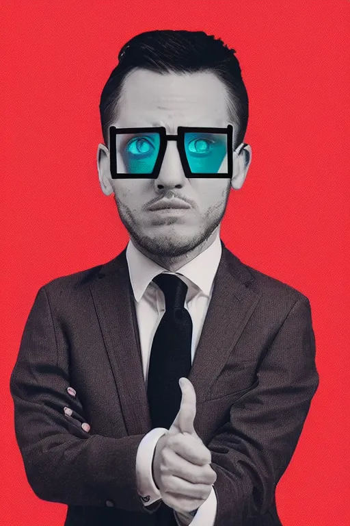 Prompt: a man in a suit and tie making a hand gesture, digital art by Artgerm, trending on pexels, digital art, anaglyph effect, anaglyph filter, 3d