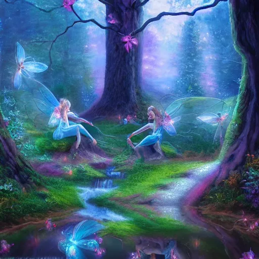 Image similar to may 1 0, 1 9 9 2, iridescent fairy forest, beautiful oil painting, trending on artstation, hyperdetailed, cinematic lighting