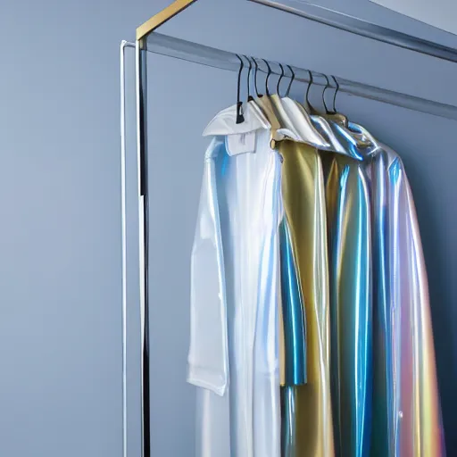 Image similar to an ultra high definition professional studio quality photograph of a transparent iridescent perspex pastel coloured raincoat on a white coat hook in an empty white room. dramatic lighting, ray tracing, refraction, shallow d. o. f, colour corrected, golden ratio, three point light.