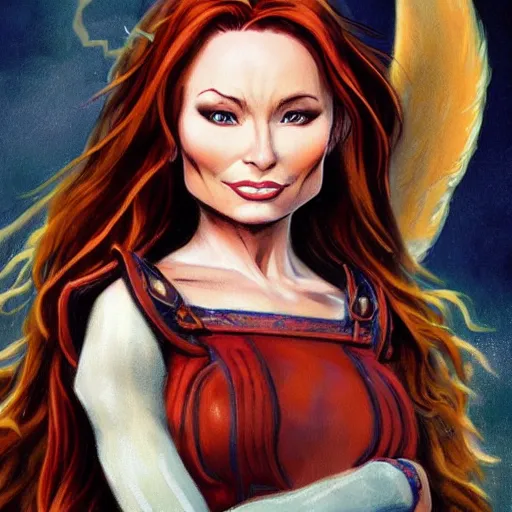 Image similar to Character portrait, face close up: Half Elf Female Celestial Warlock. Tori Amos avenging angel. In the style of Ralph Horsley