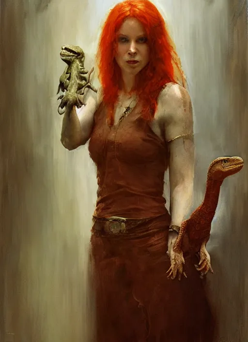 Image similar to portrait painting of beautiful red head ancient irish celtic priestess holding a velociraptor skull, by jeremy mann, only one head single portrait