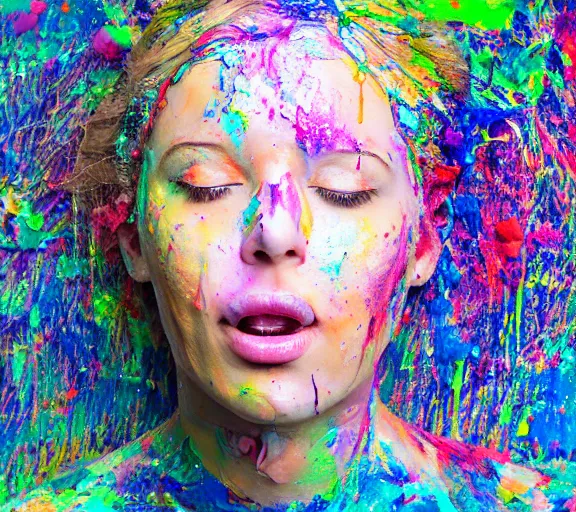 Image similar to still shot footage of a portrait of a female angel's head morphs into acrylic pour and coloured powder explosion and splashing paint and dripping paint and flying paint chunks, closing eyes, motion blur, hyperrealistic, medical, intricate art photography, hyperrealistic, anatomically correct, realistic crisp textures, 1 6 k