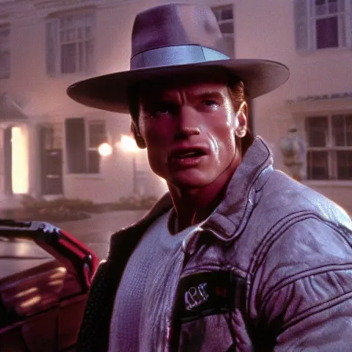 Image similar to arnold schwarzenegger as marty mcfly in the movie back to the future, movie still 8 k hdr atmospheric lighting