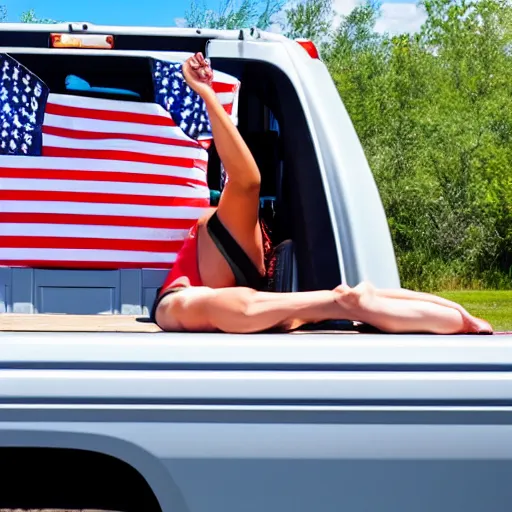 Image similar to photo of woman in the back of a pickup truck wearing bikinis drinking beer waving the american flag.