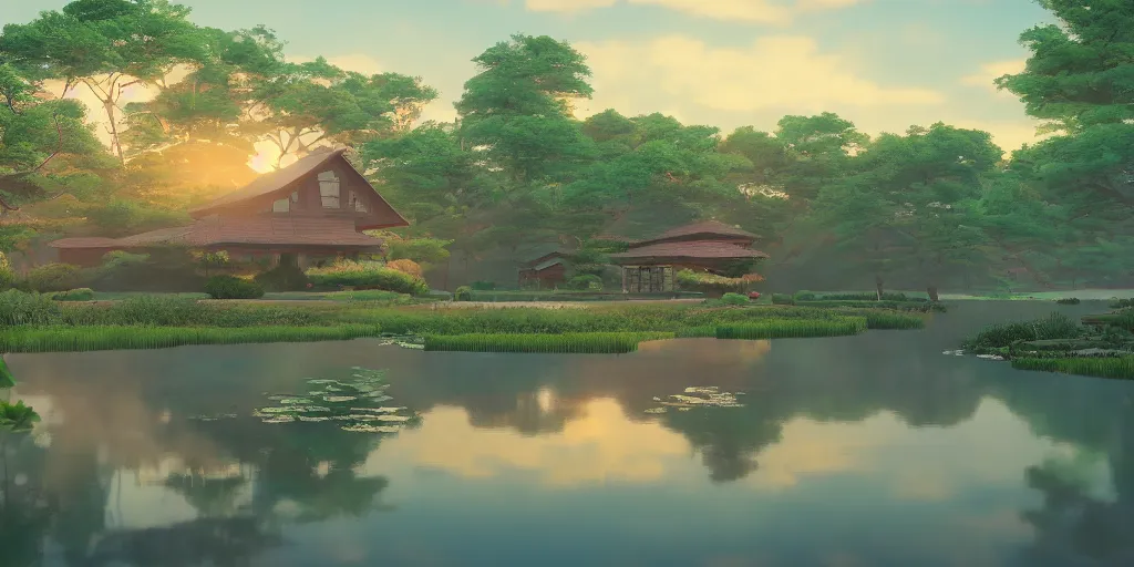 Prompt: a serene landscape with singular building near a lake with lotus at sunrise, pixar style, ghibli studio anime style, 8 k, hdr, octane render, unreal