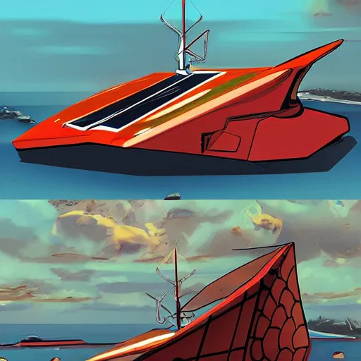 Prompt: Marvel!! comic style futuristic sailboat with solar sales and robot! captain!, digital art, 8k