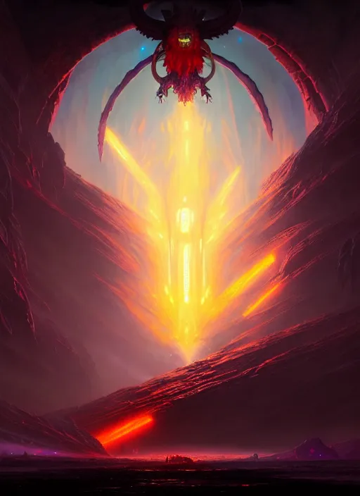 Image similar to rebulon the ancient arch - demon, by greg rutkowski and lisa frank, masterpiece concept art, 8 k, intricate detail, cinematic lighting, epic pose, deep colors, majestic view