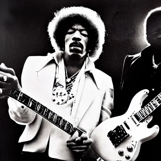 Prompt: photo of jimi hendrix and b. b king, with very highly detailed face, jamming with electric guitars, sitting on fluffy clouds. realism, beautiful, dramatic by steve mccurry