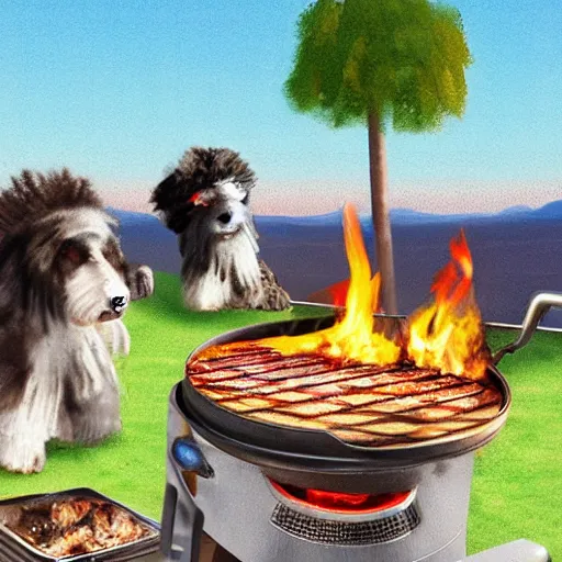 Prompt: wooly dogs grilling steaks on a summers evening hyper realistic