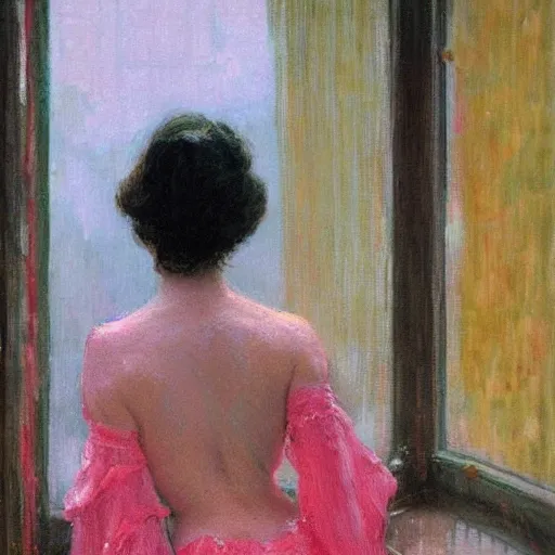 Image similar to A woman looking through a rainy window, back view, wide shot, pink string bikini, modest, 1950s, americana, award-winning, warm colors, by Ilya Repin, deviantart