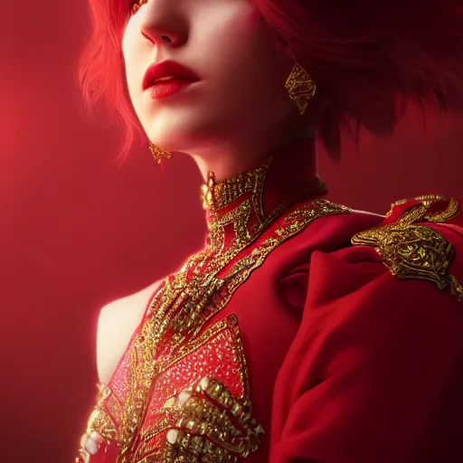 Prompt: portrait of wonderful princess of rubies with fair skin, red hair ornate 8 k gorgeous intricate detailed, accent lighting, dramatic light, octane render