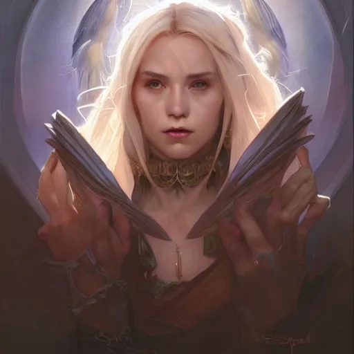 Image similar to Three quarters portrait of a female sorceress, highly detailed, digital painting, art by Stanley Lau and Artgerm and Greg Rutkowski and Alphonse Mucha, artstation, cgsociety, RPG portrait, Dungeons & Dragons