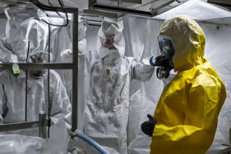 Prompt: one man in a hazmat suit watches as a huge alien meat monster grows out of control in a creepy underground science lab