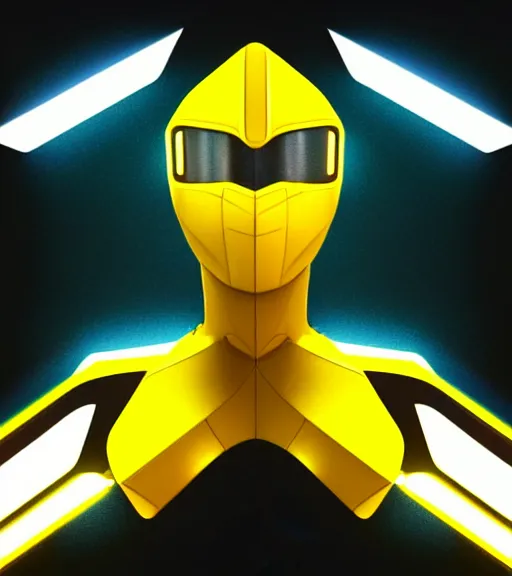 Image similar to symmetry!! yellow ranger, thunderbolt shaped viser!! solid cube of light, hard edges, product render retro - futuristic poster scifi, lasers and neon circuits, yellow ranger, intricate, elegant, highly detailed, digital painting, artstation, concept art, smooth, sharp focus, illustration, dreamlike, art by artgerm