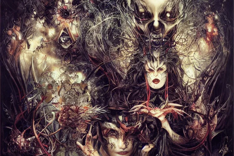 Prompt: A rave with hundreds of senior citizens, creepy, diabolical, dark, mystical, intrincate, by Ayami Kojima, Amano, Karol Bak, Greg Hildebrandt and Adrian Ghenie