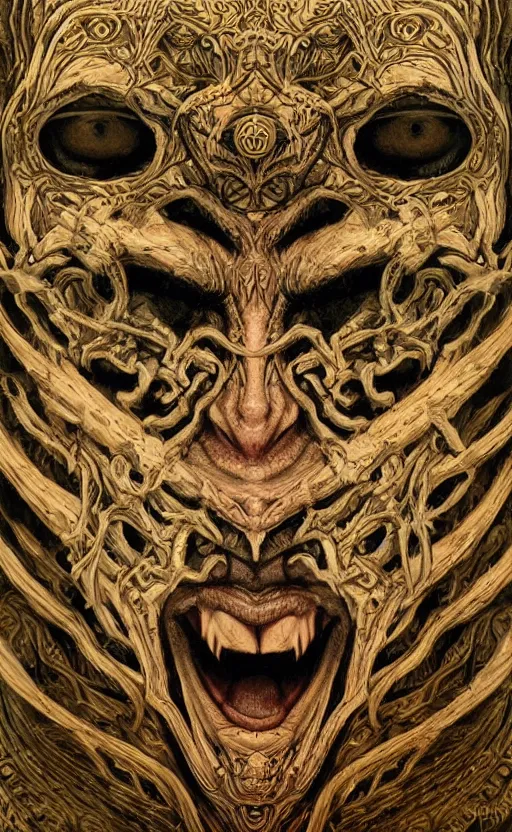 Prompt: Elden Ring themed painting of ancient hybrid majestic aztec shaman fantasy cyber human beautiful symmetrical face angry mask closeup face mask tattoo pattern golden ratio concept, deep forest psytrance Neo-Gothic concept, infinity glyph waves, intricate artwork masterpiece, very coherent artwork, cinematic, full frontal facial features by Artgerm, Takato Yamamoto, Zdizslaw Beksinski, Johnatan Wayshak, Moebius, H.R. Giger, Ayami Kojima, very coherent artwork, trending on cgsociety, ultra high quality model, production quality cinema model, high detail chromatic ink outline, octane render, unreal engine 8k, hyper realism, high detail, octane render, unreal engine, 8k, High contrast