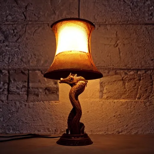 Image similar to a glowing lamp rustic and old looking with worn feel, lamp shade has dragons on it with are silhouetted because of the light, hyper detailed and realistic