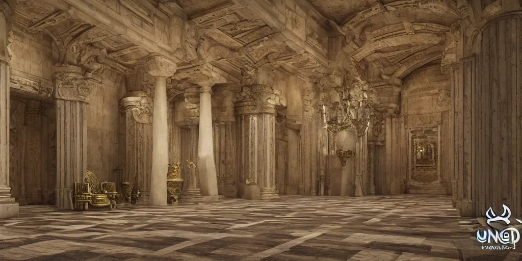 Prompt: ultra detailed, high definition, octane render 3d, throne room, stone pillars, high ceiling, art nouveau, goth