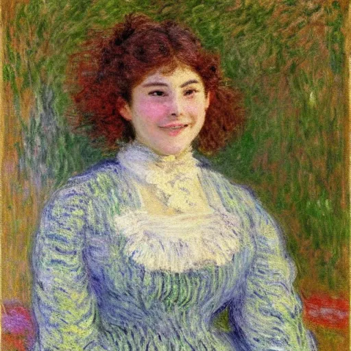 Image similar to representation of a young woman with a happy face in the year 1875 by Claude Monet, french impressionist