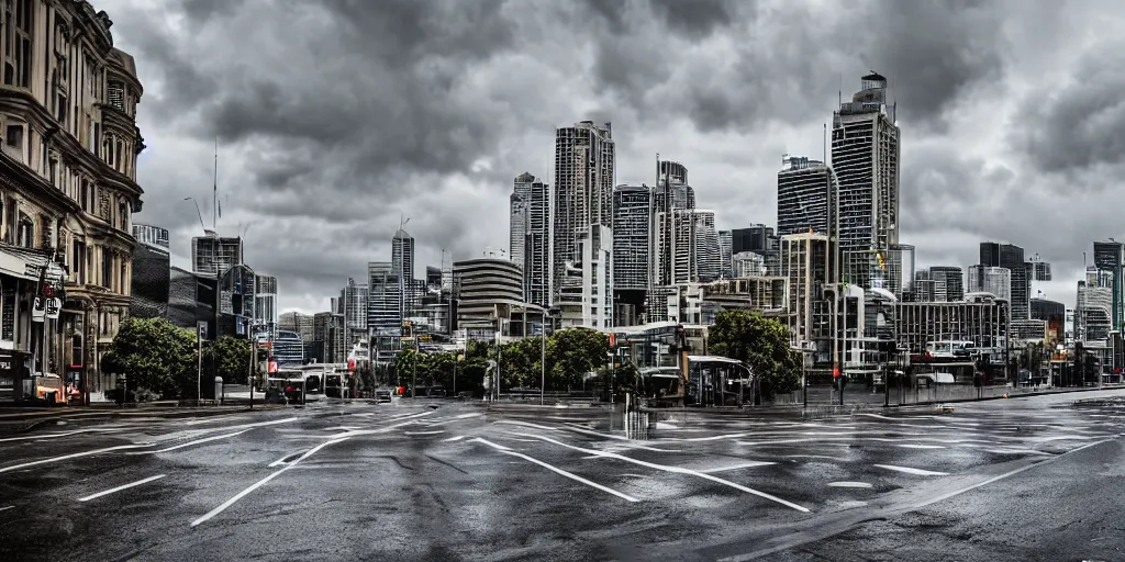 Image similar to landscape photo, stormy overcast rain, Sydney city streets