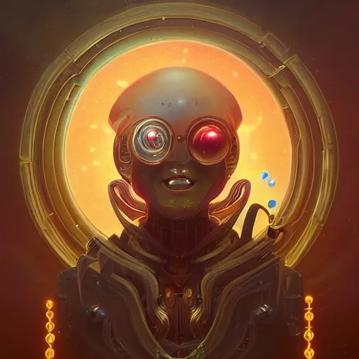 Image similar to a stylistic portrait of a robot god surrounded by small glowing orbs, D&D, fantasy, intricate, smooth, golden hour, artwork by Peter mohrbacher and Wayne barlowe