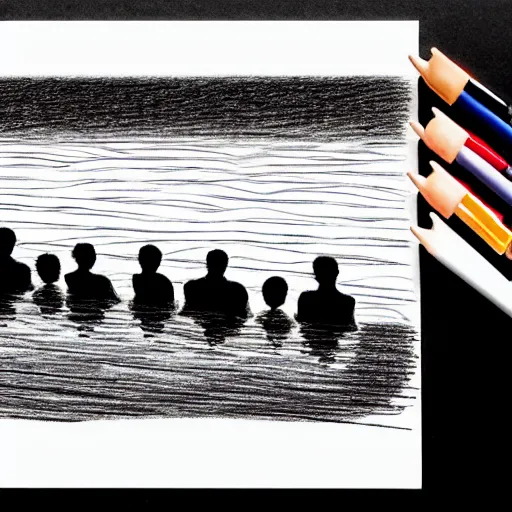 Image similar to a group of people staring at a big floating head in the lake, drawn with a black 0. 3 mm fineliner on a white paper