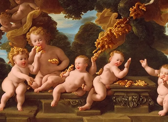 Image similar to cherubs eating cheeto's, extremely detailed, a baroque painting, rococo style