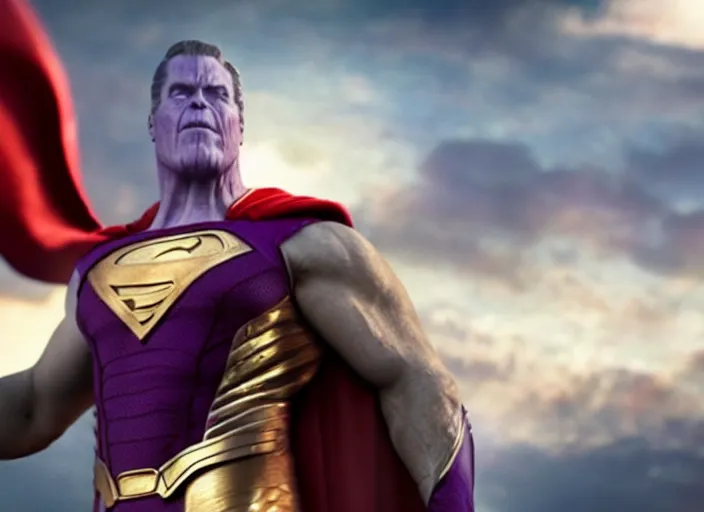 Image similar to film still of thanos as superman in the new superman movie, 4 k, highly detailed face, detailed eyes