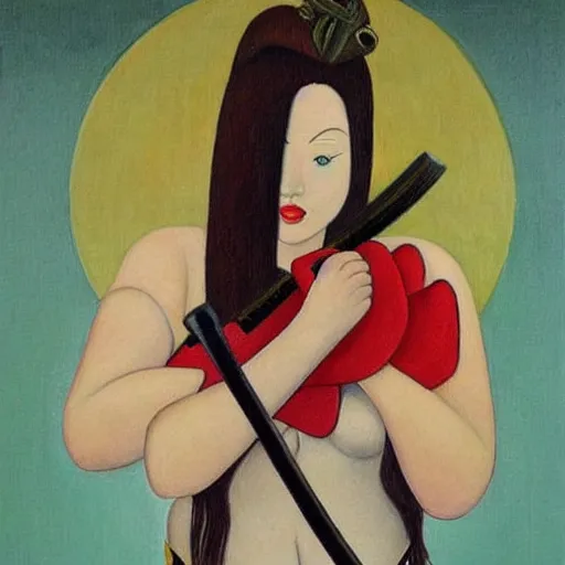 Image similar to “ she warrior with brunette long hair with a katana sword wearing red long boots painting with the style of botero ”